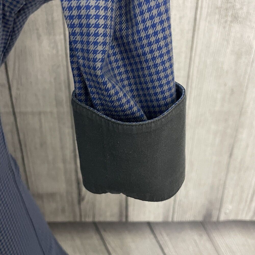 Paul Fredrick Mens Size 16 Blue Houndstooth Slim Fit Non-Iron Button-Front Shirt - Picture 4 of 7